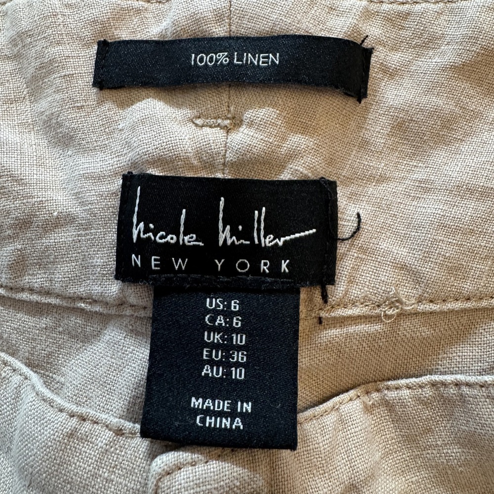 Nicole Miller Womens Linen Pants 6 Beige Wide Leg Belted Casual Summer Relaxed - Picture 4 of 8